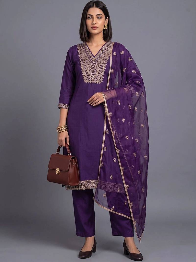 women ethnic motifs embroidered regular thread work kurta with trousers & with dupatta