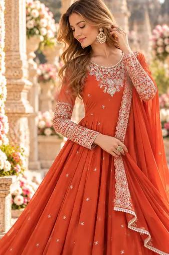 Orange georgette readymade anarkali with embroidery & sequence work