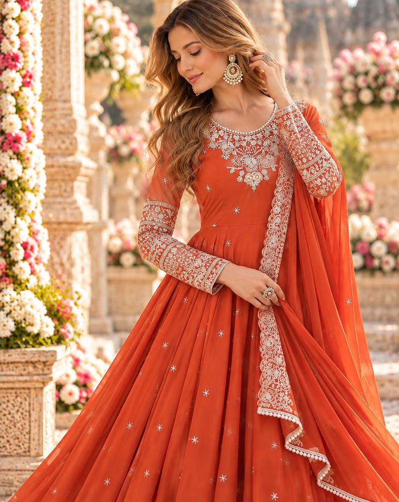 Orange georgette readymade anarkali with embroidery & sequence work