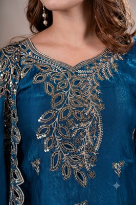 Women embroidered blue kurta with palazzo & dupatta set 2
