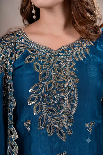 Women embroidered blue kurta with palazzo & dupatta set