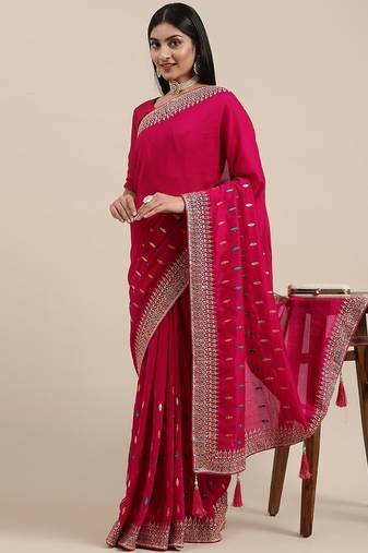 pink pink ethnic motifs silk blend saree