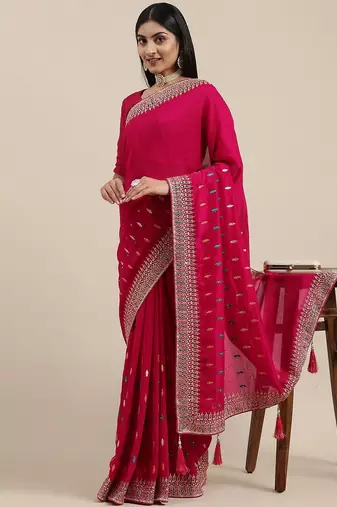pink pink ethnic motifs silk blend saree