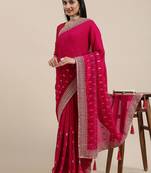 pink pink ethnic motifs silk blend saree