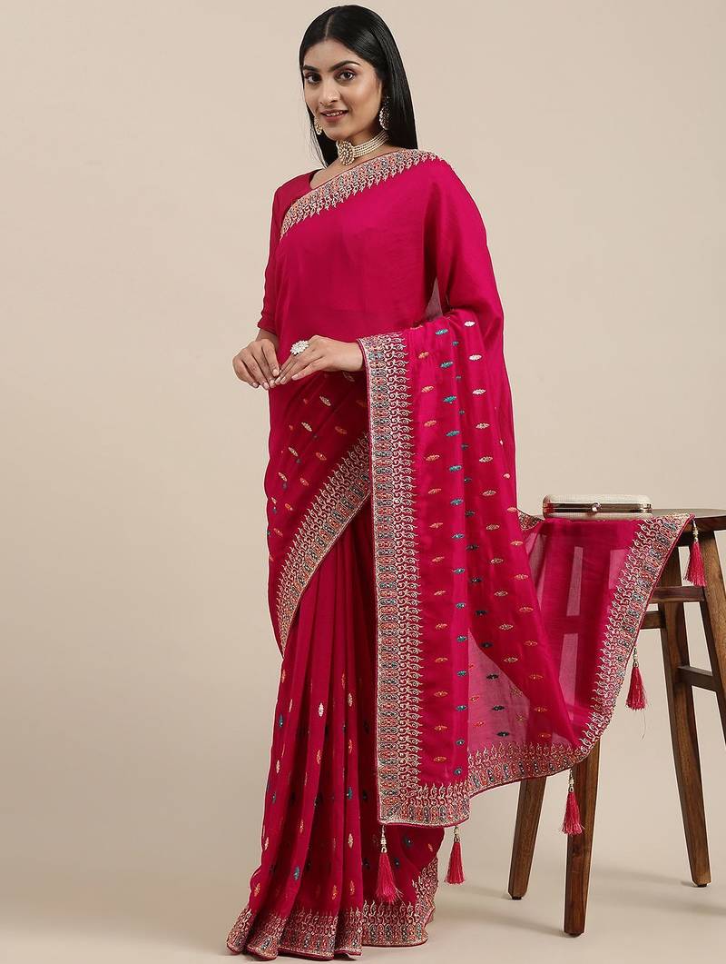 pink pink ethnic motifs silk blend saree