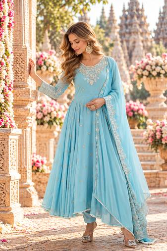 Sky georgette readymade anarkali with embroidery & sequence work