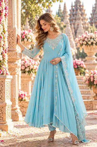 Sky georgette readymade anarkali with embroidery & sequence work