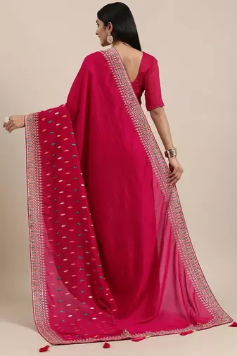pink pink ethnic motifs silk blend saree