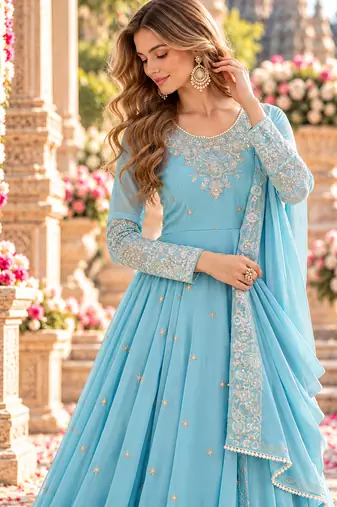 Sky georgette readymade anarkali with embroidery & sequence work