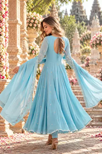 Sky georgette readymade anarkali with embroidery & sequence work