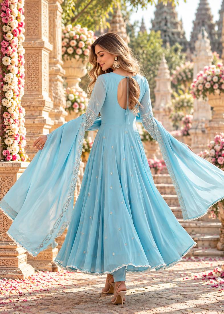 Sky georgette readymade anarkali with embroidery & sequence work