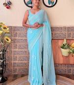 blue embellished sequinned poly georgette saree