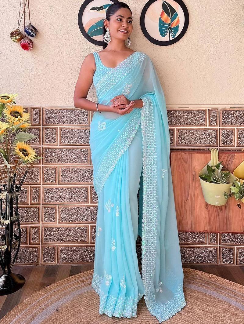 blue embellished sequinned poly georgette saree