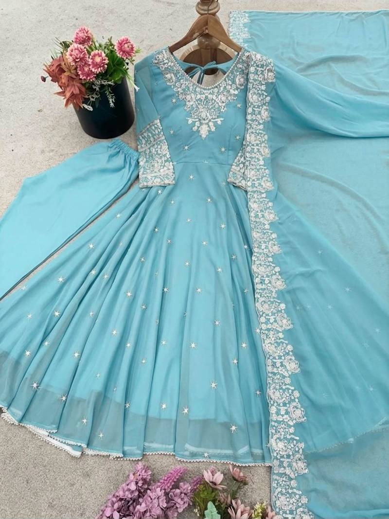 Sky georgette readymade anarkali with embroidery & sequence work