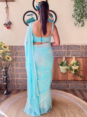 blue embellished sequinned poly georgette saree 2