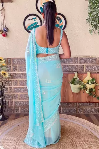blue embellished sequinned poly georgette saree