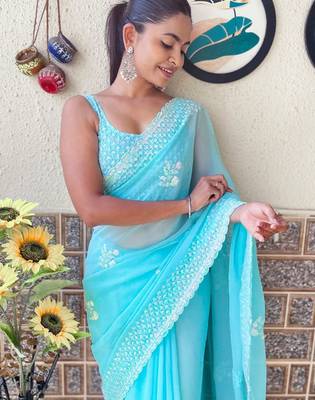 blue embellished sequinned poly georgette saree 4