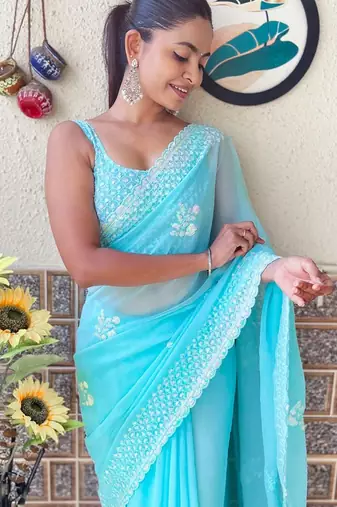 blue embellished sequinned poly georgette saree