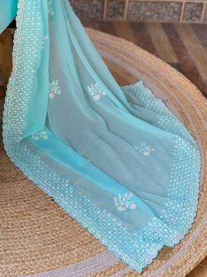 blue embellished sequinned poly georgette saree 5