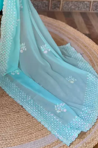 blue embellished sequinned poly georgette saree
