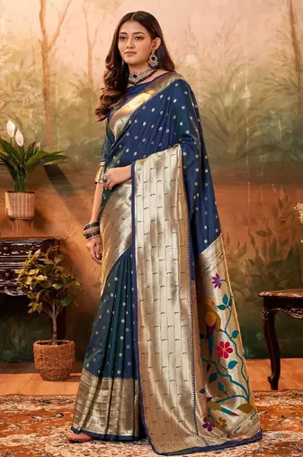 navy_blue navy blue & gold-toned floral woven design zari silk blend paithani saree