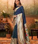 navy_blue navy blue & gold-toned floral woven design zari silk blend paithani saree