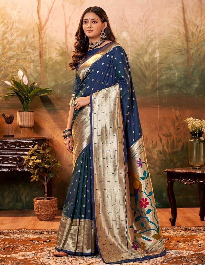 navy_blue navy blue & gold-toned floral woven design zari silk blend paithani saree