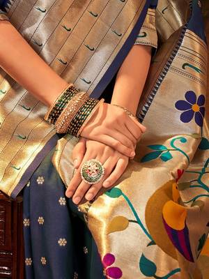 navy_blue navy blue & gold-toned floral woven design zari silk blend paithani saree 3
