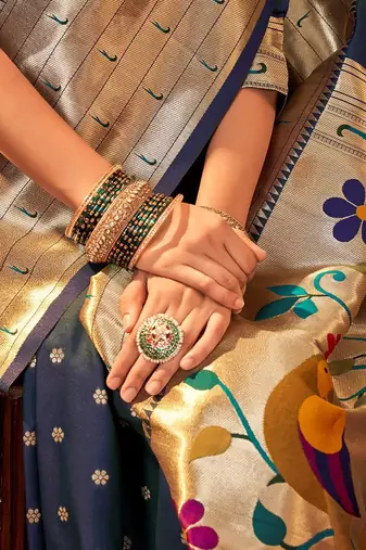 navy_blue navy blue & gold-toned floral woven design zari silk blend paithani saree