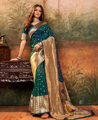 green green & gold-toned floral woven design zari silk blend paithani saree 1