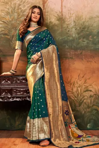 green green & gold-toned floral woven design zari silk blend paithani saree
