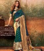 green green & gold-toned floral woven design zari silk blend paithani saree