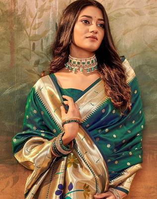 green green & gold-toned floral woven design zari silk blend paithani saree 2