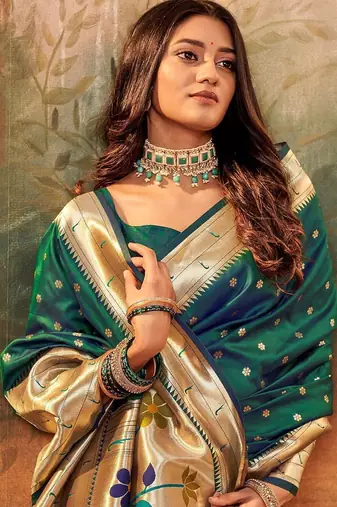 green green & gold-toned floral woven design zari silk blend paithani saree