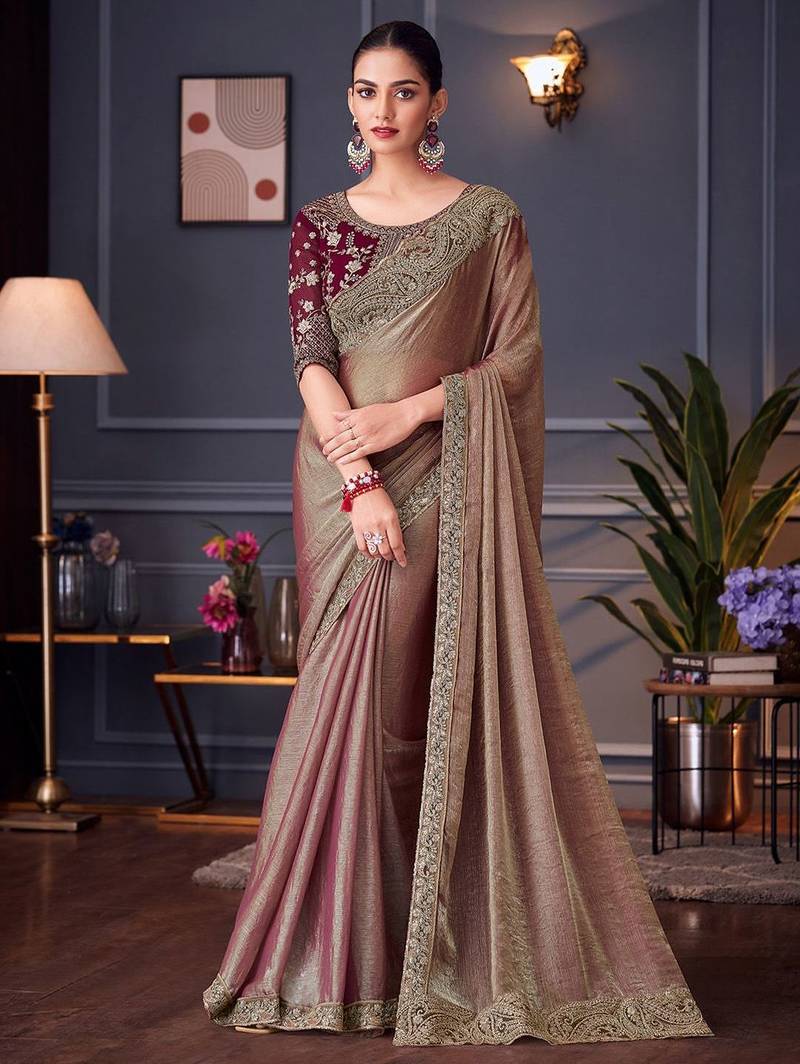 burgundy embellished embroidered pure chiffon saree