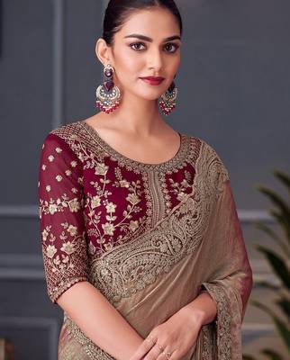 burgundy embellished embroidered pure chiffon saree 2