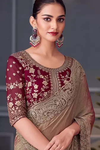 burgundy embellished embroidered pure chiffon saree