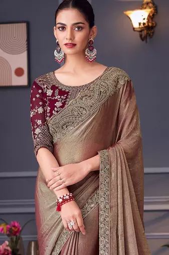 burgundy embellished embroidered pure chiffon saree