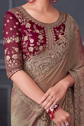 burgundy embellished embroidered pure chiffon saree