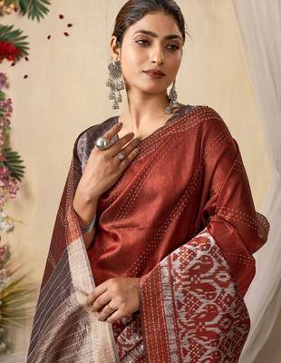 rust kantha work silk cotton tussar saree 1