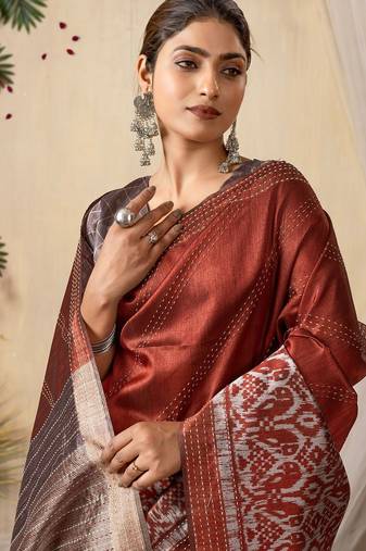 rust kantha work silk cotton tussar saree