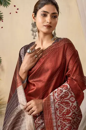 rust kantha work silk cotton tussar saree