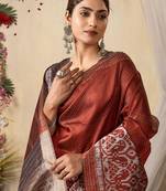 rust kantha work silk cotton tussar saree