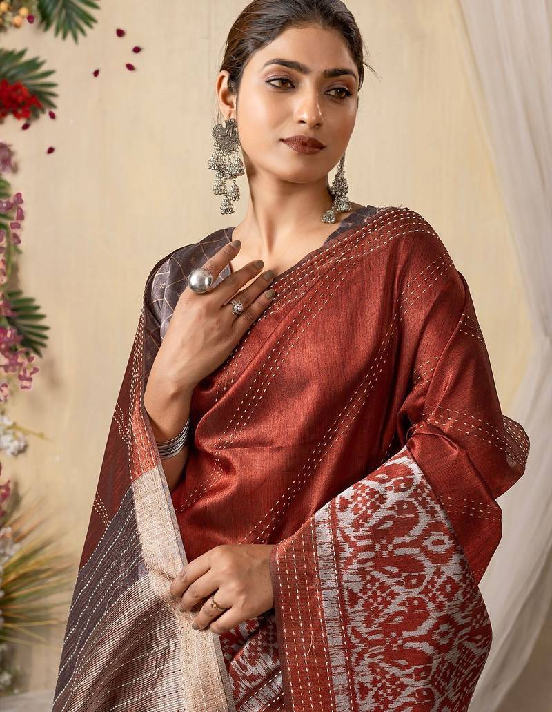 rust kantha work silk cotton tussar saree
