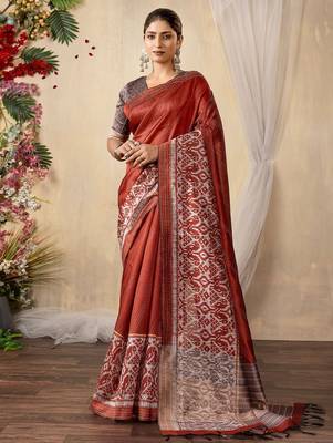 rust kantha work silk cotton tussar saree 2