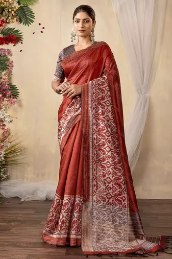 rust kantha work silk cotton tussar saree