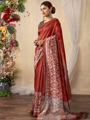 rust kantha work silk cotton tussar saree 3