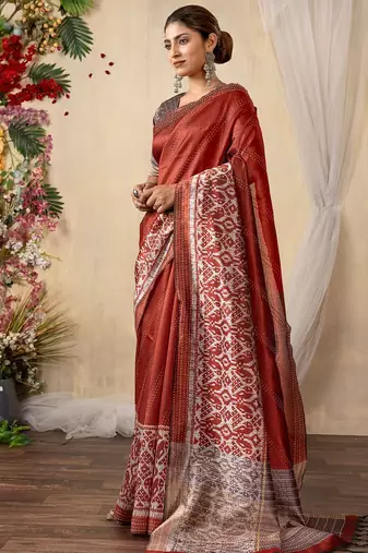 rust kantha work silk cotton tussar saree