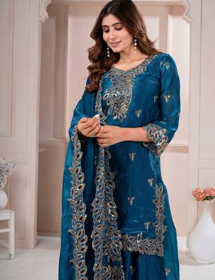 Women embroidered blue kurta with palazzo & dupatta set 3