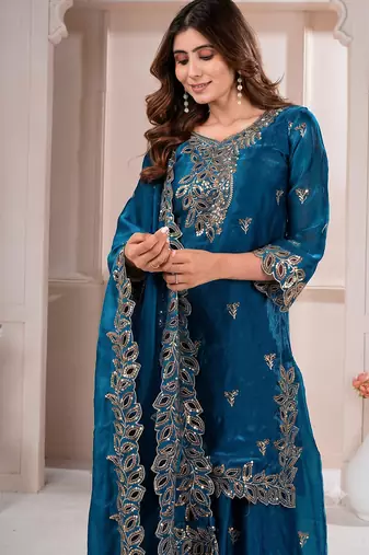 Women embroidered blue kurta with palazzo & dupatta set